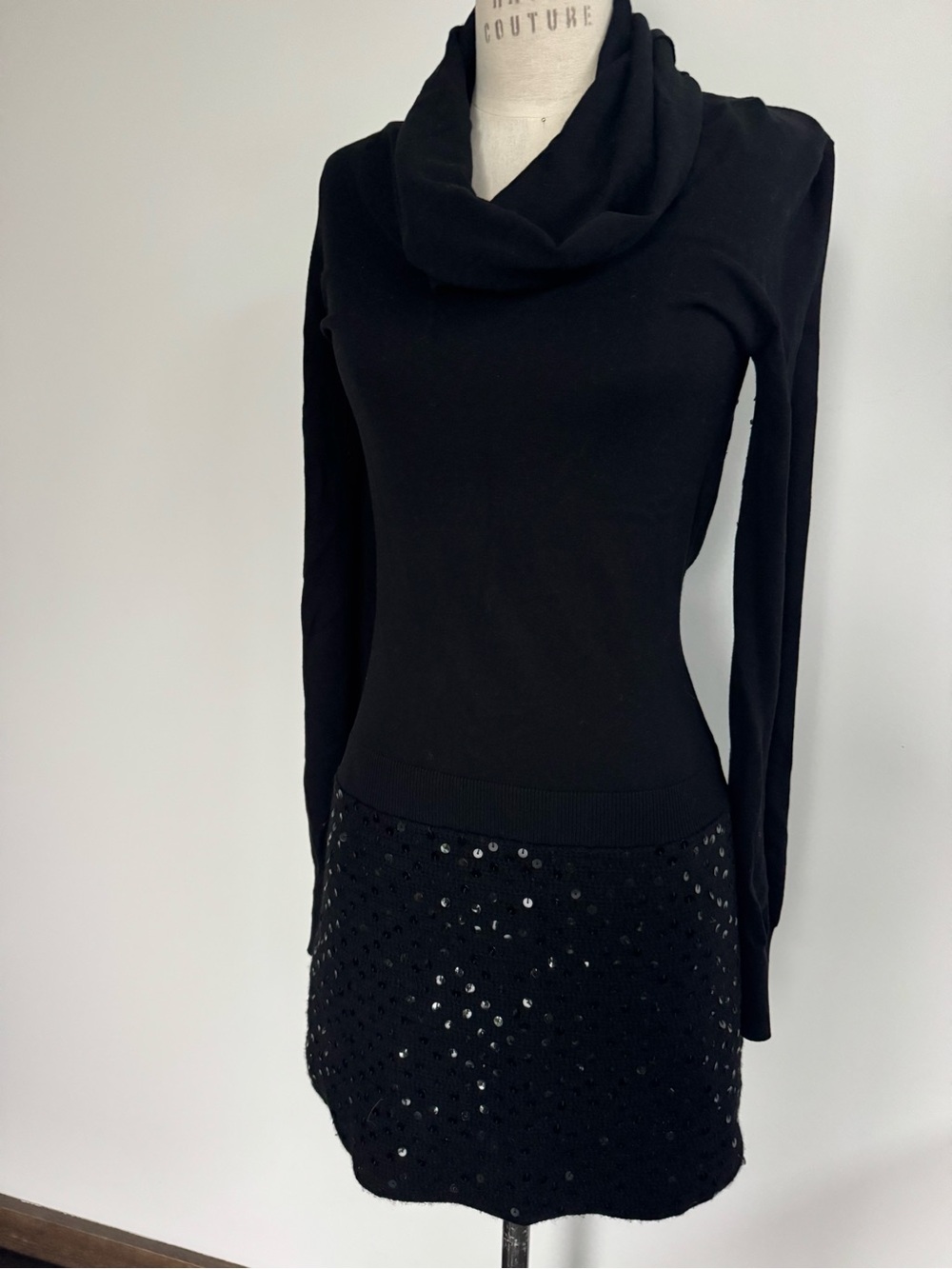 BCBGMaxAzria Black Cowl Neck Sequin-Hem Sweater Dress